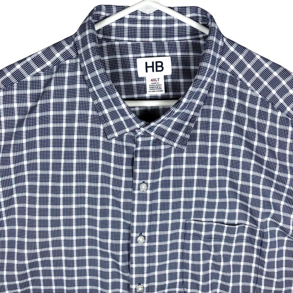 HB Button Up Shirt Mens 4XLT Navy Blue White Plaid Short Sleeve Tall Pocket